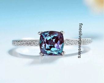 Lab Alexandrite Ring in 925 Sterling Silver Cushion Cut Ring Colors Changing Gemstone Ring June Birthstone