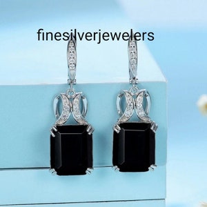Halo Emerald Cut Black Onyx Stud Earrings, Black Gemstone Bridal Earrings, Sterling Silver, Vintage Classic Design