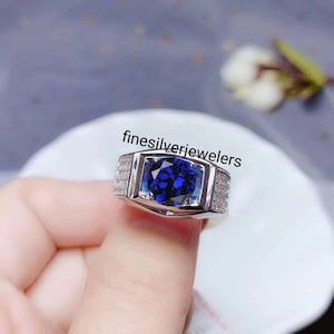 Men's Sapphire Ring September Birthstone Blue Gemstone Round Cut Gemstone Sterling Silver Engagement Ring
