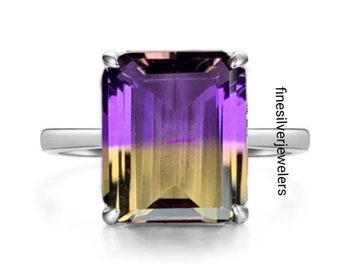 Big Ametrine Doublet Quartz Engagement Ring, 925 Sterling Silver Ring, Rectangle Cut Ametrine Halo Ring Bio Color Stone Ring