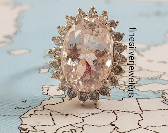 Vintage Morganite Ring, Sterling Silver Ring, Engagement Promise Ring, Oval Morganite Ring, Pink Gemstone, Birthday Gift For Women