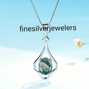 Solid Silver Moss Agate Necklace Genuine Moss Agate Pendant Oval Cut Bridal Necklace For Women, Dainty Moss Agate Pendant