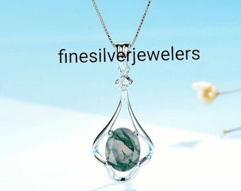 Solid Silver Moss Agate Necklace Genuine Moss Agate Pendant Oval Cut Bridal Necklace For Women, Dainty Moss Agate Pendant