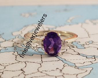 Amethyst Engagement Silver Ring ,Oval Cut Purple Gemstone,gift for mom, February  birthstone