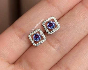 Alexandite Stud Earrings, Alexandrite Earrings For Women, Alexandrite Earrings in Color Changing Gemstone Earrings, Round Cut Alexnadrite