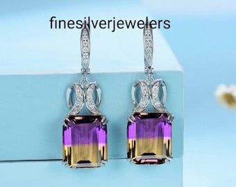 Ametrine Doublet Quartz Earrings, 925 Sterling Silver, Octagon Cut Ametrine Earrings, Hoop Ametrine Silver Earrings