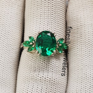 Genuine Lab Grown Emerald Ring, 3 Carats 10*8 mm Oval Cut Three Stone Style Emerald Engagement Ring, May Birthstone Promise Ring