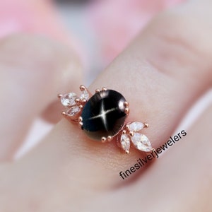 Women Black Star Ring Unique Black Star Ring in 925 Sterling Silver Black Star Sapphire Jewelry Ring