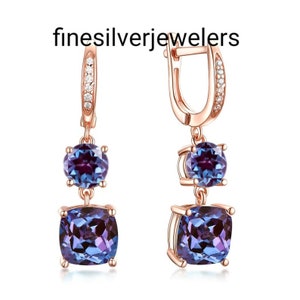 Lab Grown Alexandrite Earrings, Cushion Cut, Color Changing Gemstone, Hoop Earrings, Alexandrite Earrings, June birthstone