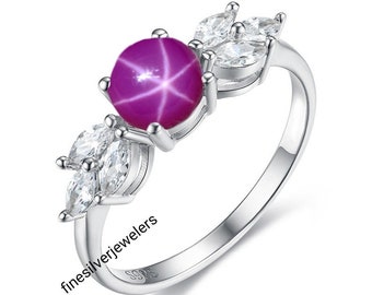 Vintage Pink Stern Rubin Ring Silber Rubin Stern Ring, Lindy Stern Rubin Verlobung Art-Deco-Ring Cabochon Ring, Valentinstag Geschenk für Frauen
