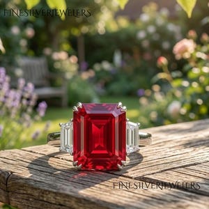 Könnte beinhalten: Ein silberner Ring mit einem großen, rechteckigen, im Smaragdschliff geschliffenen roten Edelstein in der Mitte, flankiert von zwei kleineren, rechteckigen, im Treppenschliff geschliffenen weißen Edelsteinen, gefasst in eine polierte Metallschiene.