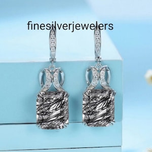 Emerald Cut Black Rutilated Quartz- Hoop Earrings-Black Rutile Vintage Earrings for Women's- Octagon Black Rutile Quartz Earrings