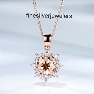 Genuine Lab Pink Morganite Necklace Sterling Silver / 925 Silver Morganite Round Pendant for Women&#39;s