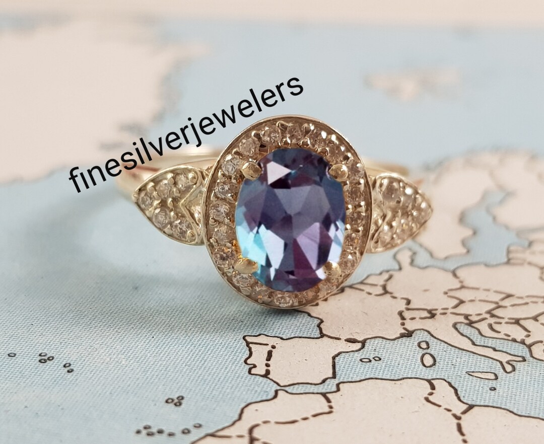 Lab Created Alexandrite Ring Sterling Silver Oval Cut Gemstone Ring ...