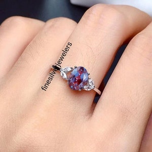 Unique Alexandrite Stone Ring Sterling Silver Oval Cut Alexandrite Engagement Ring June Birthstone
