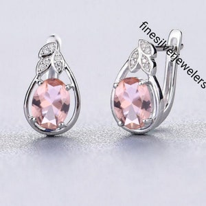 Halo Oval Cut Morganite Hoop Earrings, Pink Morganite Bridal Earrings, 925 Sterling Silver, Vintage classic design Earrings