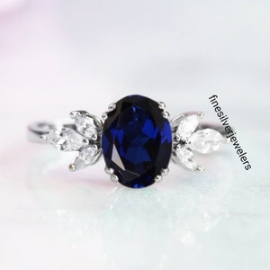 Genuine Lab Sapphire Ring Oval Cut September Birthstone 925 Silver Wedding Ring for Women Blue Stone Ring