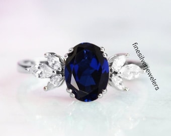 Zaffiro blu allevato in laboratorio, anello in argento sterling