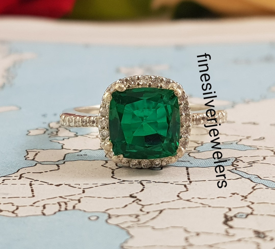 Lab Grown Emerald Ring Engagement Ring Sterling Silver Ring May