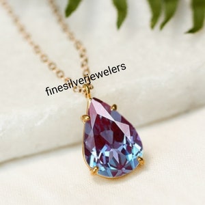 Teardrop Cut Alexandrite Necklace For Women- Color Changing Gemstone Pendant- Alexandrite Pendant in 14K Gold Plated