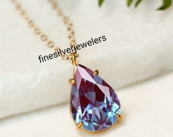 Teardrop Cut Alexandrite Necklace For Women- Color Changing Gemstone Pendant- Alexandrite Pendant in 14K Gold Plated