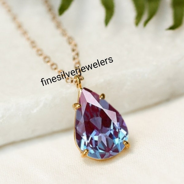 Teardrop Cut Alexandrite Necklace For Women- Color Changing Gemstone Pendant- Alexandrite Pendant in 14K Gold Plated