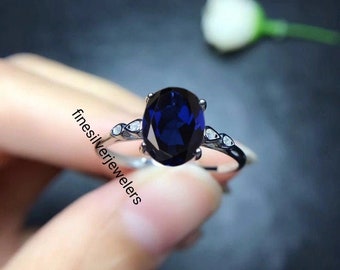 Blue Gemstone Ring, Lab Blue Sapphire Ring, Wedding Ring, Oval Cut Ring, Sterling Silver Ring, September Birthstone Ring, Sapphire Jewelry