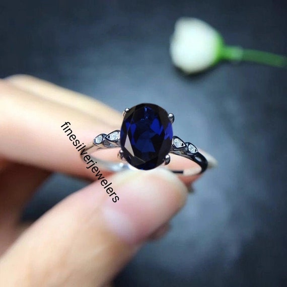 925 Sterling Silver Ring Blue Sapphire Ring, Oval Shaped