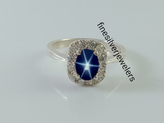 Bague Saphir étoile Bleue Lindy En Argent Sterling 925 - Saphir Naturel, Sertissage Griffes - Taille Personnalisable