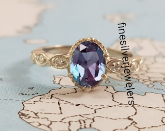 Alexandrite Oval Cut Engagement Ring, Color Change Alexandrite Ring, 925 Sterling Silver Ring, June Birthstone Ring, Gift For Her