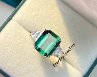 Vintage Lab Emerald Ring, Solid Silver, Cocktail Ring, May Birthstone, Promise Emerald Ring, Green Gemstone Ring. Emerald Engagement Ring