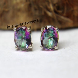 Simple Mystic Topaz Earrings Sterling Silver Gemstone Rainbow Topaz Earrings Stud Earrings