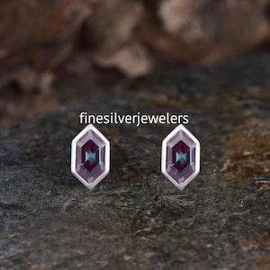 May include: A pair of hexagonal stud earrings with a silver-colored border. The earrings feature a deep purple and teal gemstone center. The text "finesilverjewelers" is visible in the image.