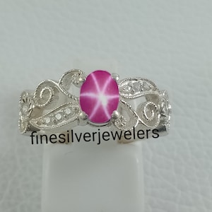 Pink Star Ruby Ring Silver 925 Ring, Lindy Star Ruby Vintage Engagement Art Deco Ring Cabochon Ring, Valentine&#39;s Day Gift For Her