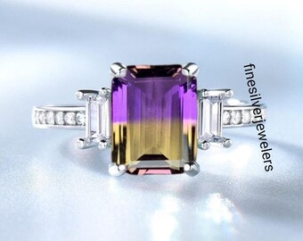 Anello di nozze in ametrina Bio Color Anello di fidanzamento in ametrina Anello in ametrina taglio smeraldo Anello di promessa da donna per anniversario di matrimonio unico