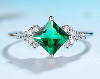 Princess Cut Emerald Ring Promise Ring May Birthstone Green Gemstone Sterling Silver Ring Lab Emerald Ring