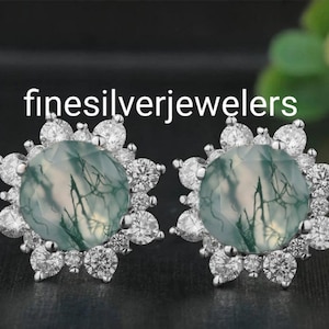 Brincos de ágata musgo, brincos de ágata musgo de corte redondo de 8 x 8 mm, joias de ágata musgo, brincos de pedras preciosas exclusivos, inspirados na natureza, ágata verde