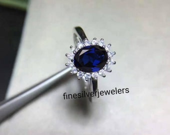 Oval Sapphire Ring, Genuine Blue Sapphire Stone Engagement Ring, September Birthstone Promise Ring, 925 Sterling Silver