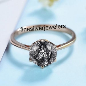 14k Rose Gold Plated Tourmalinated Quartz Ring-Black Rutilated Quartz Ring- Engagement Ring - Gothic Engagement Ring- Anniversary Ring