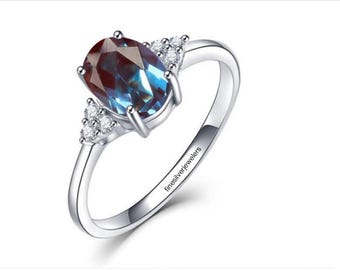 Alexandrite Ring Color Changing Gems Engagement Ring Oval Cut Color Change Ring Sterling Silver Ring