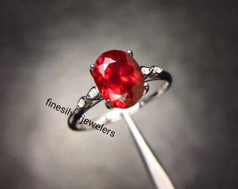 Anillo de compromiso con rubí rojo de corte ovalado, anillo de bodas, anillo nupcial, regalo de aniversario Art Deco, anillo para mujer.