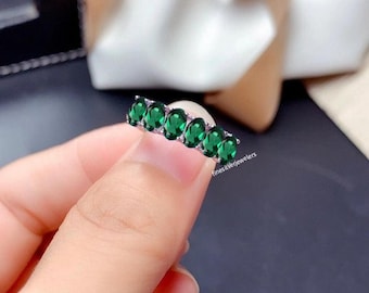 Emerald Wedding Band, Half Eternity Band, Silver Emerald Ring, Vintage Emerald Band, Emerald Stacking Ring, May Birthstone