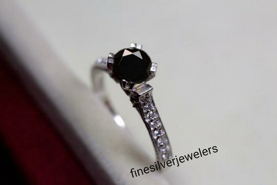 Natural Black Onyx Ring Sterling Silver Ring Engagement Ring Round Cut  Black Gemstone Women Jewelry