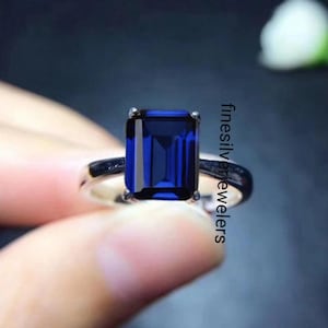 Genuine Lab Royal Blue Emerald Cut Sapphire Engagement Ring, 3 carats sapphire ring, September Birthstone Promise Ring