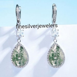 Pear Hoop Earrings Moss Agate Sterling Silver Earrings, Moss Agate Gemstone Earrings, Teardrop Moss Agate Earrings, Hoop Agate Earrings