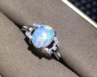7*9mm Oval Opal Ring, Engagement Opal Ring, Sterling Silver with Opal Ring, October Birthstone Ring, Fire Opal Jewelry