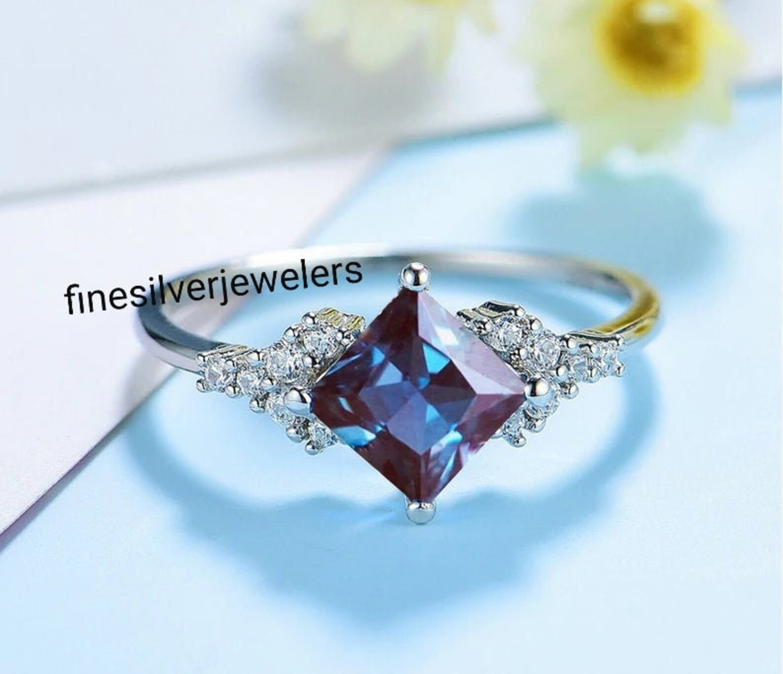 Alexandrite Ring Princess Cut Engagement Ring Silver Gemstone Etsy