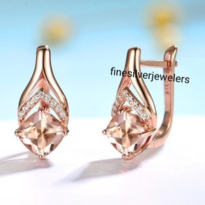 Hermosos aretes vintage de morganita rosa Aretes de morganita de talla cojín bañados en oro rosa de 14 k para mujer