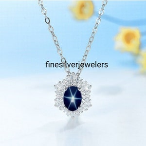 Blue Star Sapphire Pendant in 925 Sterling Silver Lindy Star Necklace Infinity Style Oval Cabochon