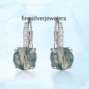 Round Moss Agate Sterling Silver Earrings, Moss Agate Gemstone Earrings, Birthstone Earrings, Hoop Agate Earrings